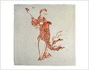 Ceramic Tile with Overglaze Red Design of Female Servant