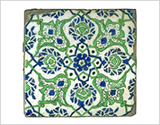 Tile with Design of Flower and Scroll in Cobalt Blue and Green