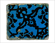Blue Glazed Tile with Design of Flower in Black