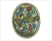 Oval Shaped Polychrome Tile with Design of Flower and Bird