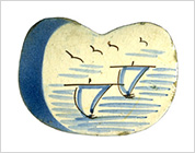 Seto-Hongyo Ware Tile with Boat Design in Underglaze Blue and Iron Brown