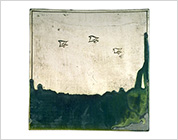 Tile with Bird Design in Iron Brown and Oribe Type Green Glaze