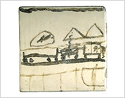 Tile with Train Design in Underglaze Iron Brown and Shino Type Glaze