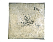 Tile with Flower Design in Iron Brown and Shino Type Glaze