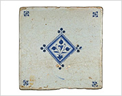 Tile with Cobalt-Blue Design of Flowering Plant in Diamond