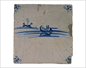 Tile with Cobalt-Blue Design of Waterside Scene