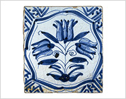 Tile with Cobalt-Blue Design of Triple Tulip in Bracketed Frame