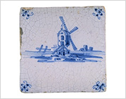 Tile with Cobalt-Blue Design of Landscape with Windmill