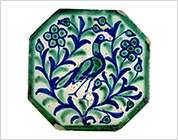 Octagonal Tile with Design of Flower and Bird in Blue and Green