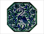 Octagonal Tile with Design of Flower and Bird in Blue and Green
