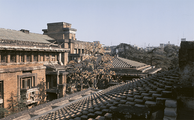 Viewing the guest wing of the Imperial Hotel over its batten seam roofing.