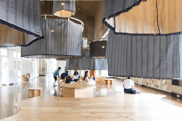 Japanese paper denim curtains of Former Waki Elementary School