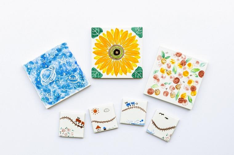 タイル絵付け見本／上３点：10cm×10cm  下：5cm×5cm／４枚セット