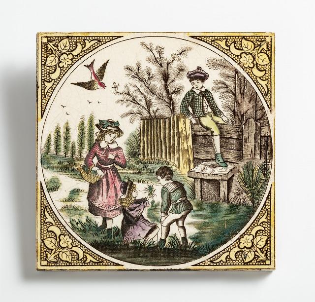 多彩子供図タイル イギリス・George Woolliscroft ＆ Son  1895年頃-1900年  157×157×11㎜ 服飾年代：19世紀