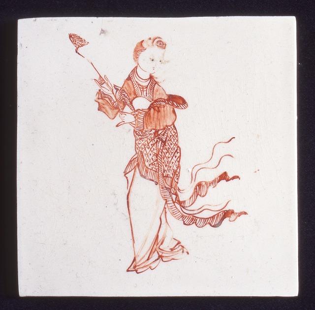 赤絵仙女図陶板 中国・楓渓窯  19世紀末-20世紀初頭   上絵  125×125×9㎜