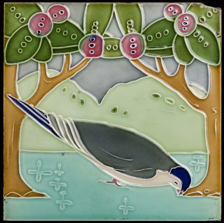 多色チューブライニングタイル（草木と鳥） 