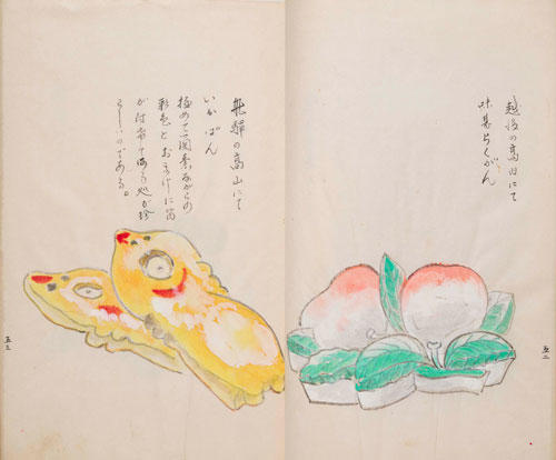 『駄菓子遍路 四国並裏日本之記』（昭和35年）。幸作さんは各地を旅しながら調査・研究した記録を、自ら製本した冊子にまとめた。右ページは新潟県高田で採集した「味甚（みじん）落雁」、左ページは飛騨高山で採集した「いかぱん」。