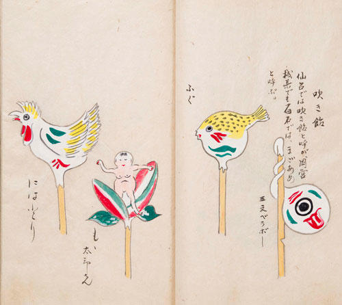 青森の「鳥ッコ飴」。古く江戸に始まり、仙台では「吹き飴」、関東では「飴の鳥」関西では「吹きかけ」、青森では「鳥ッコ飴」、山形では「飴僧」と呼んでいた。子供たちが集まるところに屋台をおろし、細工を売る吹き飴売。