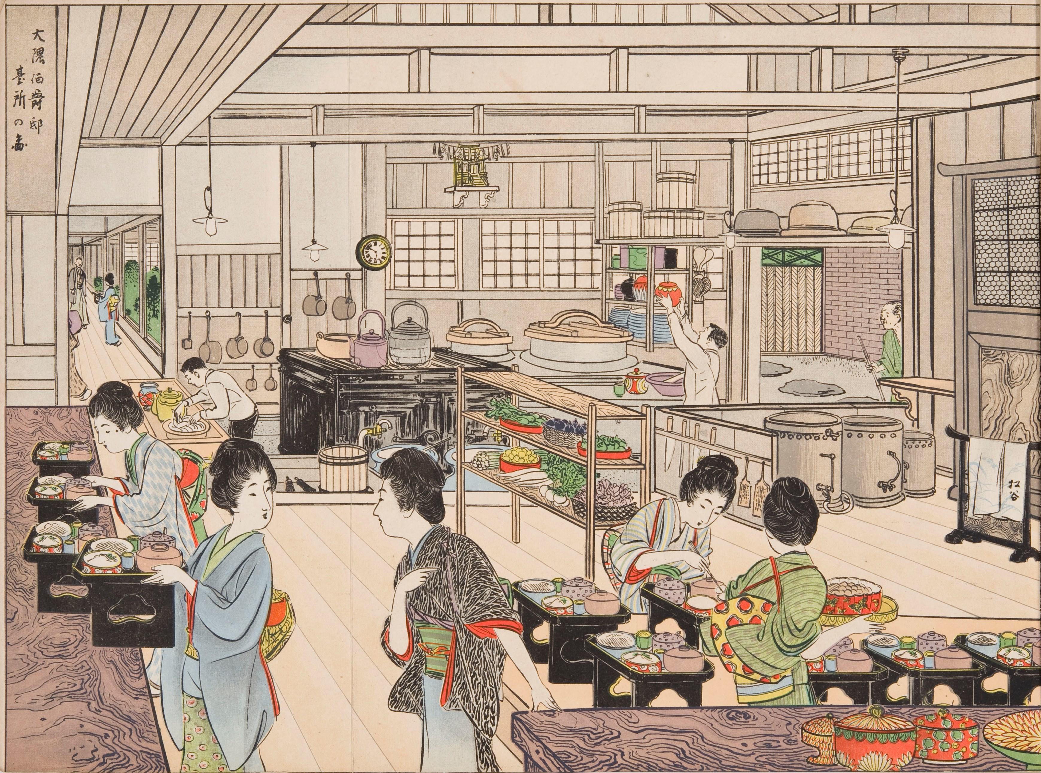 『食道楽』の口絵「大隈重信邸台所」。村井弦斎著（明治38年発行）